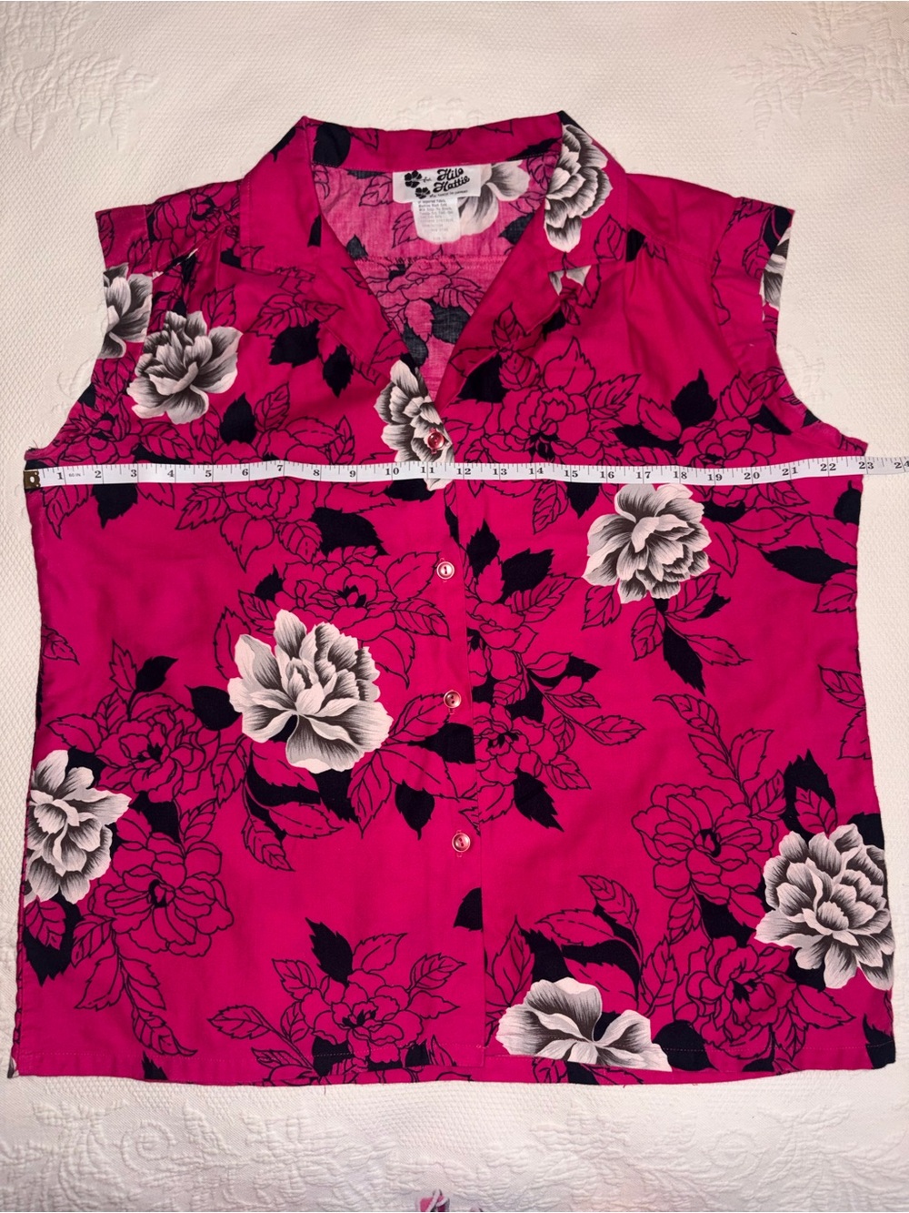 Vintage Hilo Hattie Hawaiian Floral Button-Down Sleeveless Blouse - size X - Picture 8 of 10